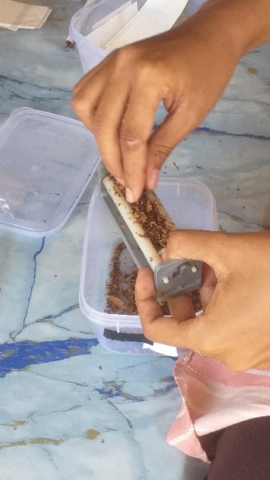 A close-up, high-angle view captures a pair of hands engaged in the process of rolling a cigarette in Batang Kuis, Indonesia. The scene unfolds on a light blue and white tiled or marbled surface featuring irregular dark blue and brown veining. Two light-skinned hands, with clean fingernails, are prominently featured. The left hand is positioned above a beige and grey manual cigarette rolling machine, actively placing or adjusting dark brown shredded tobacco within it. The right hand holds the machine steady. A translucent rectangular plastic container, partially filled with additional shredded tobacco, rests beneath the rolling machine. To the upper left, a second translucent plastic container is partially visible, adjacent to several white rectangular rolling papers. A section of pink and white patterned fabric is visible in the lower right corner of the frame. Scattered tobacco flakes are present on the patterned surface surrounding the main tobacco container.