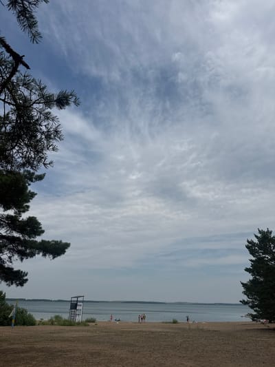 The image depicts a sandy beach bordering a calm body of water under a partly cloudy sky. The foreground is dominated by the sandy beach with some sparse vegetation. On the left side, a portion of a pine tree's branches and needles are visible, framing the scene. Towards the middle of the beach, a lifeguard stand is positioned near the water's edge. Further back, several people are scattered across the beach and near the water. Some are standing, others appear to be wading or swimming. In the distance, the water extends to the horizon, with a faint line of land visible on the far side. The sky is a mix of blue and gray clouds, with streaks of lighter clouds creating a textured appearance. The overall impression is a tranquil day at a lake or large body of water. This location appears to be a public beach, likely a recreational area.