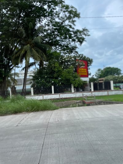 The image depicts a street scene in Santa Cruz, Philippines. A paved sidewalk runs along the right side of the frame, bordered by green grass. A fence line separates the sidewalk from a property with lush vegetation, including trees and bushes. A red sign with yellow lettering is visible behind the greenery. A building with a sign that reads "migu rewe" can be seen through the trees. The sky is overcast.