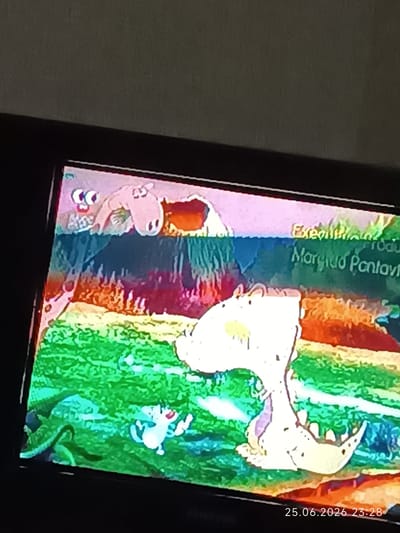 The image displays a television screen showing a cartoon. The cartoon features several dinosaur-like creatures and a snake. One dinosaur, predominantly white, is in the foreground, with its mouth open and sharp teeth visible. Another pink creature, possibly a pig or a hippopotamus, is in the upper left corner, looking towards the right. A green snake is coiled on the left side of the screen, near a small, white, cat-like character with its legs in the air. The background is a vibrant, abstract landscape with bright green, orange, and blue colors, suggesting a colorful, possibly playful, environment.

Visible text on the screen reads "Executivo" and "Morgida Pantavi," along with a date and time stamp in the bottom right corner: "25.06.2026 23:28". The scene appears to be from a children's animated program. The overall mood of the cartoon seems lighthearted and energetic. The image was captured in Bolhrad, Ukraine.