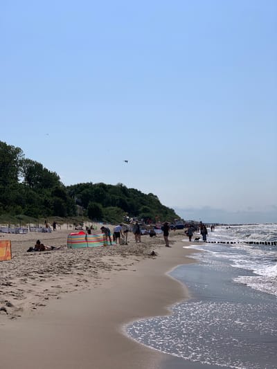 This is a photograph of a beach in Rewal, Poland, on a sunny day with a clear blue sky. The beach is populated with people enjoying the weather and the sea. In the foreground, the sand meets the water, with gentle waves washing ashore. Further up the beach, several beachgoers are visible. Some are lounging on towels, while others are standing or walking. There are beach screens set up to provide shelter from the sun. A colorful striped beach screen is particularly prominent. In the background, a line of trees and vegetation forms a natural barrier along the edge of the beach. Several small boats are visible on the sand near the tree line. A wooden breakwater extends into the sea. Two birds are flying in the sky.