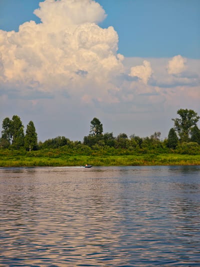 A motorboat with a single occupant is speeding across a wide, calm river. The boat is dark blue and leaving a wake. The river is bordered by a lush green bank with a dense line of trees. In the background, large, dramatic white clouds fill the sky, contrasting with patches of blue. The water reflects the sky and surrounding greenery. The scene appears to be in Verkhnepashino, Russia, given the details.