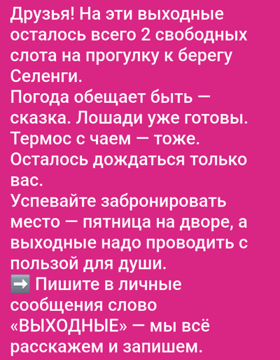 The image is a text post in Russian, likely an advertisement for a weekend excursion to the shore of the Selenga River, which is located near the city of Ilyinka, Russia. The post states that there are only two slots left. It promises good weather and mentions that horses and tea are ready. It encourages the reader to book a place and says that Friday is a good time to do so. The post instructs the reader to send a private message with the word "ВЫХОДНЫЕ" (weekends) to learn more and sign up.