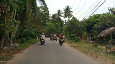 This is a ground-level, eye-level, outdoor, daytime, overcast photograph taken on a paved road in Pantonmesjid, Indonesia. The road is lined with lush green vegetation, including numerous palm trees and other tropical plants. In the foreground, the road stretches into the distance, with the perspective leading towards a cluster of trees and structures on the right side of the image.

Several people are present, all riding on motorbikes. On the left side of the road, a person wearing a white helmet and a white shirt is riding a white motorbike. Further down the road, a motorbike with a sidecar is being ridden by a person wearing a light blue shirt. The sidecar appears to be carrying a white cooler or container. To the right of the sidecar motorbike, a person wearing a pink hijab and a brown top is riding a dark-colored motorbike. All individuals are traveling in the same direction on the road.

The environment is characterized by abundant greenery, a somewhat hazy sky, and visible electrical wires running overhead. On the right side of the road, a thatched-roof shelter is visible, with some chairs or seating arrangements underneath. The overall scene depicts a typical rural or semi-rural road in a tropical region.