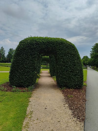The image shows a park with a large, arch-shaped hedge, a gravel path leading through it, and a paved walkway on the right. In the background, there are trees, a body of water, and two people walking on the paved path. The sky is cloudy. The location is the Papenburg, Germany, known for its Ems-Vechte-Weg park, which features a similar hedge archway.
