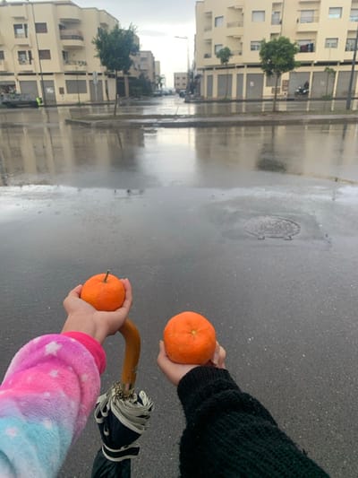 A rainy street scene shows two people holding oranges, alongside a closed umbrella. Buildings reflect in the wet pavement. One person wears a black sweater, the other a pink and blue sweater. The overcast sky suggests a gloomy day.
