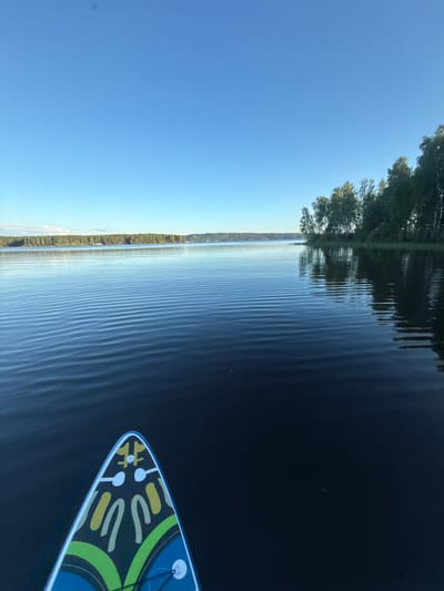 A wide-angle, first-person perspective shot captures a serene lake scene from the front of a stand-up paddleboard. The paddleboard, adorned with a colorful abstract design of blues, greens, yellows, and white, is positioned in the lower foreground, pointing towards the lake. The dark, rippling surface of the water dominates the mid-ground, reflecting the clear, bright blue sky. In the distance, across the expanse of water, lies a tree-lined shore, with a dense forest of green trees stretching horizontally. The horizon is subtly visible where the lake meets the sky, with faint clouds dotting the distant sky. The overall impression is one of tranquility and natural beauty on a sunny day.