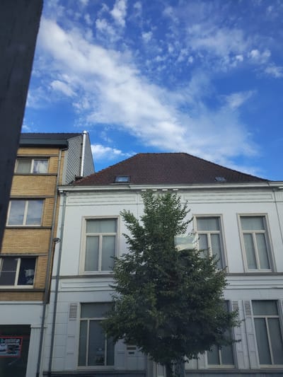 The image shows an upward-facing view of two adjacent buildings under a bright blue sky with scattered white clouds. The building on the left has a dark brown tiled, sloped roof with a small dormer window. Below this roof, a section of the building is clad in light brown bricks, featuring two large windows.
The building on the right is taller and has a white facade with multiple levels of windows. The windows on the upper floors are large and rectangular with light-colored frames, and some have horizontal blinds or decorative elements. A large green tree with dense foliage partially obscures the upper floors of the white building, with some branches reaching towards the sky.
The image appears to be taken during the daytime, likely mid-morning or afternoon, given the bright sunlight illuminating the sky and buildings. The weather seems pleasant, with a clear blue sky and fluffy white clouds. There are no people visible in the image. The overall scene depicts an urban or semi-urban environment, possibly a street in Nederbrakel, Belgium, as suggested by the architectural style of the buildings. There is no visible text in the image.