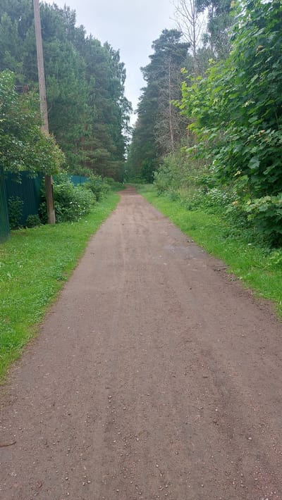 The media file depicts a dirt path winding through a forested area, likely in Posyolok Imeni Morozova, Russia. The path is the dominant subject, appearing to be made of packed earth and small stones. It stretches into the distance, disappearing into a hazy horizon. To the left of the path, lush green trees and foliage line the edge, creating a dense, natural barrier. Some of these trees appear to be deciduous, with broad leaves, while others are coniferous, adding variety to the landscape.
On the right side of the path, the ground transitions from the dirt to a neatly trimmed grassy area. Beyond the grass, more trees are visible, creating a sense of depth and enclosure. In the foreground on the left, a dark green fence is partially visible, suggesting a boundary or perhaps the edge of a property. A weathered wooden post stands near the fence, adding a rustic element to the scene.
The overall atmosphere is serene and natural. The lighting suggests it might be an overcast day, as there are no strong shadows, and the sky appears light and diffused. The time of day is difficult to pinpoint precisely but seems to be during daylight hours. No people or animals are visible in the image, and there is no visible text. The scene conveys a sense of quiet solitude and the peacefulness of a natural environment.