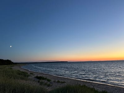 The image depicts a serene coastal landscape at dusk in Meremõisa, Estonia. A crescent moon is visible in the upper left quadrant of the deep blue sky. The horizon is marked by a gradient of colors, transitioning from pale blue at the top to soft oranges and yellows as it nears the distant landmass, suggesting the sun has recently set. The sea, calm with gentle waves, occupies the majority of the frame, reflecting the twilight sky. A sandy beach, fringed with tall grasses and sparse vegetation, curves along the left side of the image, leading towards a dark, forested area in the distance. The overall atmosphere is tranquil and natural, characteristic of a remote coastal environment.
