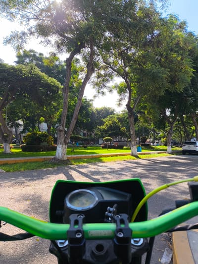 A sunny day at a park in Víctor Larco Herrera, Peru, as seen from the perspective of a motorcyclist. The park features trees with green foliage and white-painted lower trunks, meticulously maintained grass, and manicured shrubs. A parking area is visible with at least one white SUV. In the foreground, a green motorcycle handlebar and speedometer are in focus, indicating the viewpoint is from the motorcycle seat. The scene appears peaceful and well-maintained.