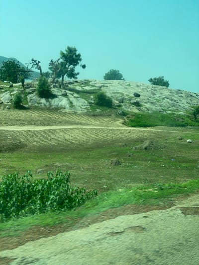 The image depicts a rural landscape in Jama'a, Nigeria, characterized by a rocky hill covered with sparse vegetation and trees. In the foreground, a cultivated field with rows of crops is visible, extending towards a dirt road. Further down, a dense patch of green bushes creates a vivid contrast against the drier earth. The sky is a clear, pale blue. The overall scene suggests a semi-arid environment, possibly during the dry season, with evidence of agricultural activity.