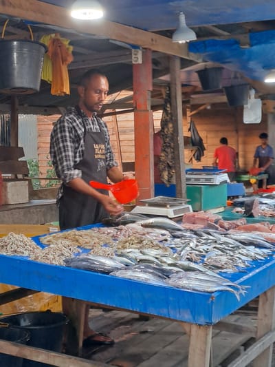 The image depicts a bustling fish market in Cottarum Tunong, Indonesia. The scene is filled with various types of seafood, primarily fish and shrimp, displayed on a long blue table. Several people are present, seemingly engaged in the daily trade. In the foreground, a man wearing a black apron over a plaid shirt is holding a red plastic scoop, possibly preparing to clean or handle the fish. He has a focused expression on his face.
Behind him, other individuals can be seen in the background, some wearing brightly colored shirts, suggesting a busy market atmosphere. The setting appears to be an open-air market with wooden structures and blue tarpaulins providing cover. The lighting suggests it's daytime, and the overall impression is one of activity and commerce.
Notable details include the abundance of fresh fish, ranging in size from small, silvery varieties to larger specimens. The piles of shrimp are also prominent. The image captures the raw, authentic nature of a local Indonesian market. The orientation of the image is landscape, but the content appears to be captured at a portrait angle.