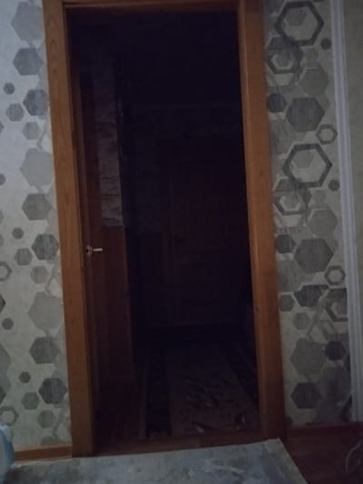 The image shows an interior view of a doorway in a building. The doorway is framed by a wooden door jamb, and the door itself is dark and partially ajar, revealing a dimly lit interior space. The walls on either side of the doorway are wallpapered with a repeating pattern of grey and white hexagons. A door handle is visible on the right side of the door. The floor in the foreground appears to be covered by a rug or carpet, and a portion of a concrete floor is visible at the bottom of the image. The overall lighting is dim, suggesting it might be evening or the interior space is not well-lit. The image is taken from a slightly low angle, looking into the doorway.