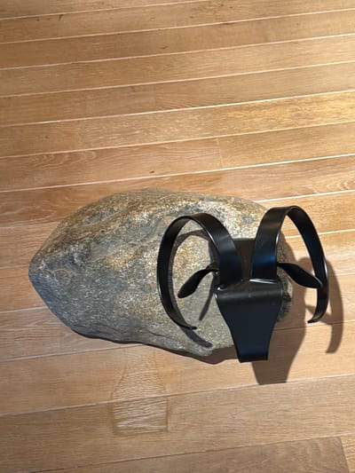 A stone, likely a boulder, rests on a light brown wooden floor. Attached to the stone is a black metal sculpture of a ram's head. The sculpture features large, curved horns and two pointed ears. The ram's head is positioned facing to the right of the frame. The background is composed entirely of the wooden floor, which has a visible grain pattern and appears to be made of planks. The lighting casts a shadow of the sculpture onto the floor to the right. There are no people present in the image. The scene is indoors and appears to be a static display. This is likely located at the Kröller-Müller Museum in Otterlo, Netherlands, given its known collection of sculptures and its setting.