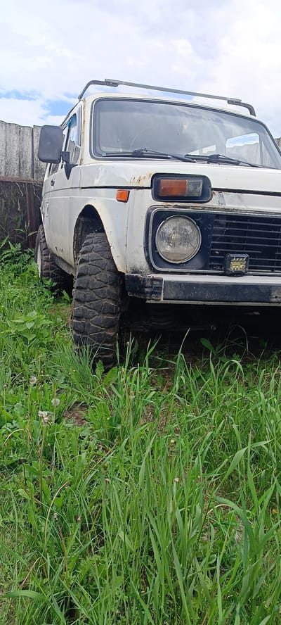 An off-road vehicle, identified as a white Lada Niva, is parked in a grassy area next to a weathered grey fence. The vehicle appears to be in a state of disrepair, with visible rust on its exterior and dirty tires. The front of the vehicle is angled towards the viewer, showcasing its large, rugged tires and a aftermarket light bar mounted on the front bumper. The surrounding environment is overgrown with tall green grass and some weeds, suggesting a rural or undeveloped location. The sky is partly cloudy. This scene is located in the village of Kamennoye, Russia.