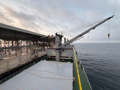The image depicts a cargo ship docked at the port of Mers El Hadjadj, Algeria. The ship is positioned alongside a loading facility, characterized by a large, covered structure and intricate industrial infrastructure, including cranes and conveyor belts. The sky is overcast, with soft, diffused light suggesting it might be early morning or late afternoon. The sea is calm, reflecting the muted tones of the sky. The deck of the cargo ship is visible in the foreground, revealing large metal hatch covers and a prominent yellow line along the edge. The overall scene conveys a sense of industrial activity and maritime operations within the port.