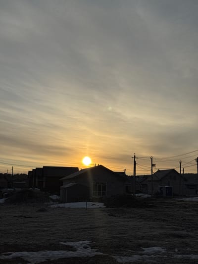The image shows a rural setting in Nestiukovo, Russia at dawn or dusk. The sun is low in the sky, casting a warm, yellow glow. Several houses are visible, silhouetted against the bright light. Power lines stretch across the frame, connecting the buildings. The ground appears uneven and partially covered with patches of snow. There are no people visible.