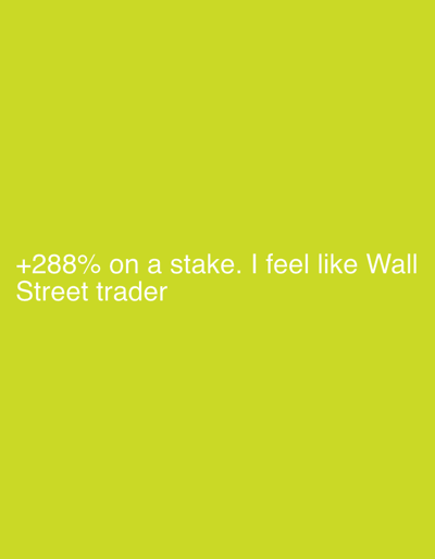 The image is a solid lime green color. At the bottom of the image are the words "+288% on a stake. I feel like Wall Street trader." There is nothing in the image related to the city of Mirabel, Canada.