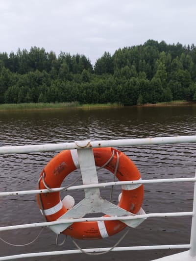 An orange life preserver with white reflective bands is attached to a white railing on a vessel. The life preserver has text and markings on it. The railing extends horizontally across the image. Behind the railing and life preserver, a dark body of water reflects the overcast sky. Across the water, a dense line of green trees forms a backdrop, with a lighter sky visible above the trees. This scene appears to be on the Svir River in the vicinity of Goritsy, Russia, a location known for its waterways and surrounding forests.