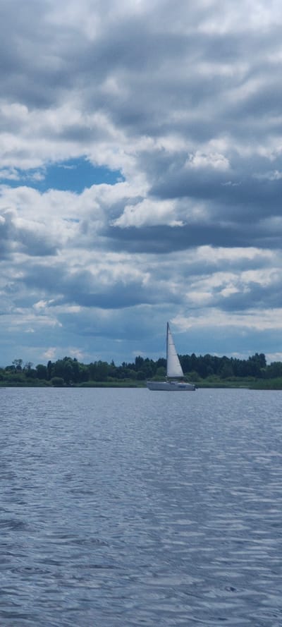 This is a vertical, slightly blurry, medium shot of a sailboat on a body of water. The scene is divided into two halves by the sailboat and the distant treeline. The left half is dominated by a dramatic sky filled with large, dark grey clouds interspersed with streaks of white and patches of blue. The right half is a calm expanse of blue-gray water with subtle ripples.
A lone sailboat with a white sail is positioned in the middle ground, moving towards the right of the frame. It appears to be a modest-sized vessel. Behind the sailboat, a dense, dark green treeline runs along the edge of the water, suggesting a coastal or lakeside setting. The sky implies it could be a partly cloudy or overcast day, possibly late afternoon or early morning given the diffused light. There is no visible text in the image. The overall mood is serene, with the vast sky and water creating a sense of open space. The location is contextually identified as Щиглицы, Russia.