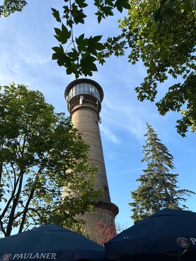 The image captures a view of the historic water tower in Hochheim, Germany, framed by lush green foliage and a clear blue sky. The water tower, constructed of brick with red bands, rises prominently, its upper section enclosed by glass. Several cellular antennas are visible attached to the exterior of the tower. In the foreground, dark blue umbrellas with the "Paulaner" logo are set up, suggesting an outdoor seating area. A tall evergreen tree stands to the right of the water tower, and a faint contrail from an airplane is visible in the sky. The overall scene is bright and appears to be taken during daylight hours.