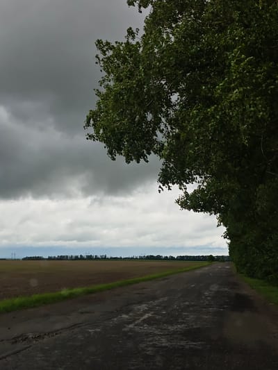 The image depicts a rural road in Zhornyshche, Ukraine, on a cloudy day. The road is cracked and shows signs of wear. A field is visible on the left side of the road, while trees line the right. Overcast, dark grey clouds dominate the sky. Utility poles are visible in the distance. No people are visible in the image.