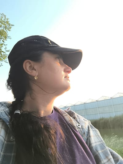 A profile view of a person wearing a black baseball cap and a plaid shirt over a purple shirt. The person is looking upwards and to the right. A gold heart-shaped earring is visible on their left ear. The background features a clear sky, trees on the left, and a row of greenhouses and tall grass on the right. The scene appears to be outdoors, possibly in a rural or semi-rural area. This location is identified as being in Wervershoof, Netherlands. The lighting suggests it is either early morning or late afternoon, with the sun casting a warm glow on the person's face.