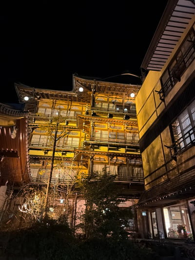 The scene depicts a collection of multi-story traditional Japanese buildings illuminated at night in Yamanouchi, Japan. The central structure is an elaborate, multi-tiered building with distinctive curved, tiled roofs and intricate wooden lattice work, brightly lit with warm yellow light. Multiple floors feature numerous windows, some with visible curtains, and small balconies. Spherical white light fixtures are visible along the upper rooflines. To the right, a less ornate, but still traditionally styled, building stands with a simpler yellow-washed facade, dark wooden trim, and gridded windows. The foreground features dark, dense foliage, including trees with bare branches, partially illuminated by the ambient light from the buildings. The sky above is uniformly black, indicating nighttime. No individuals or active elements are present in the frame.