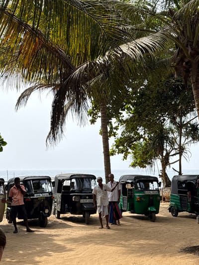 A row of tuk-tuks lines a sandy beach, partially obscured by lush foliage from a palm tree. Several men stand beside the vehicles. Two of the men are wearing white robes and appear to be posing. Beyond the tuk-tuks, the ocean stretches toward the horizon under a pale sky.
