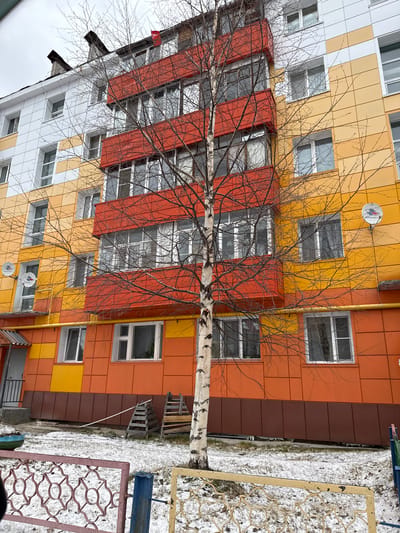 The image shows a multi-story building in Beloyarsky, Russia, characterized by its brightly colored facade of orange, yellow, white, and red panels. The building appears to be residential, with numerous windows visible. A bare birch tree stands in front of the building, its branches obscuring parts of the facade. The ground has patches of snow, suggesting it is winter or early spring. There are some man-made structures (possibly playground equipment) and steps near the bottom of the image. The image seems to be taken at an angle, looking upwards at the building.