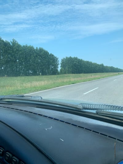 The image shows a view from the dashboard of a vehicle, looking out at a two-lane asphalt road bordered by a grassy field and a dense line of trees. The sky is a clear blue with scattered white clouds. The foreground shows the dark textured dashboard of the car and a portion of the windshield. The road extends into the distance and curves slightly to the left. The trees appear to be deciduous, with lush green foliage. There are no people or animals visible in the image. The scene suggests a daytime drive through a rural or semi-rural area in Russia.