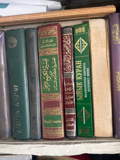 The image displays a close-up view of a shelf filled with books. The books are standing upright and appear to be of various sizes and bindings. Some of the book spines have visible text, written in what appears to be Arabic or a similar script, as well as Cyrillic script. The shelf itself is made of a light-colored, possibly concrete or plaster material, and is slightly worn. Above the books, a slatted wooden object is visible, suggesting it might be a part of a blind or a decorative element. The background is out of focus but suggests an indoor environment. No people are present in the image, and no specific location within the city of Ташлак, Kyrgyzstan, can be definitively identified from the visual information alone.
