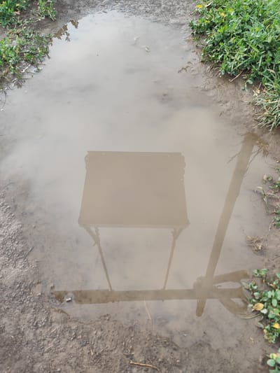 The image shows a reflection of an easel and a canvas in a muddy puddle. The puddle is located on a dirt path, surrounded by sparse green vegetation. The scene appears to be outdoors, in a natural setting. There is no indication of the location being in the city of Dolan, Kazakhstan.