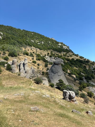 A wide-angle, eye-level, outdoor, daylight shot captures a mountainous landscape with a clear blue sky overhead. The foreground features dry, golden-brown grass dotted with various-sized rocks. A narrow, winding dirt path is visible on the left side of the frame, leading up the slope. The midground is dominated by peculiar rock formations that resemble weathered statues, with some appearing as stacked stones and others as more defined, anthropomorphic shapes. Lush green trees and shrubs sparsely cover the rocky slopes, extending up to the top of the frame. The terrain is uneven and shows signs of erosion. The scene is devoid of any human presence or activity. The location is identified as the Valley of Ghosts in the city of Luchistoe, Ukraine.