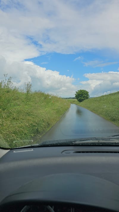 The image displays a serene rural landscape viewed from the interior of a vehicle. On the right side of the frame, a dark grey car dashboard and part of the windshield are visible, with scattered water droplets on the glass, indicating recent rain.
A wet, dark asphalt road dominates the midground, curving gently towards the horizon. Its surface reflects the bright sky, suggesting it is covered with standing water or is significantly damp. On either side of the road, tall, lush green grass stretches out, appearing wild and untamed, with varying shades of green and some drier stalks visible.
In the distance, a prominent, full-canopied green deciduous tree stands as a solitary focal point against the horizon. Beyond the tree and fields, the sky is a vibrant blue, filled with large, billowy white clouds that create a dynamic and bright atmosphere.
The scene conveys a peaceful daytime setting, likely after a rain shower, in a verdant countryside area, specifically in Thuin, Belgium. There is no visible text in the image.