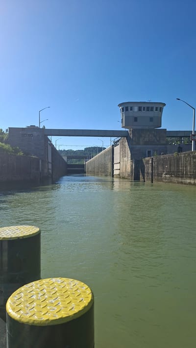 The image captures a wide view of the Persenbeug-Gottsdorf lock and dam on the Danube River in Austria. The scene is dominated by the massive concrete structure of the dam and lock, stretching across the frame. A multi-story control tower with numerous windows is prominently visible on the left side of the dam, overlooking the water. The river itself is a murky green, with ripples suggesting a gentle current.

In the foreground, two large, dark cylindrical objects with bright yellow, diamond-plate tops are visible, likely bollards or fenders used for mooring boats. The sky is a clear, vibrant blue, indicating a sunny day, likely in the late morning or early afternoon given the bright light and absence of long shadows. The overall atmosphere is one of industrial strength and calm, with the vastness of the structure and the tranquil water.

Behind the dam, a hillside covered in lush green trees can be seen, suggesting a natural landscape contrasting with the man-made dam. A thin contrail from an airplane is faintly visible in the blue sky. The image is oriented vertically, with the horizon running down the middle of the frame. No people are visible in the image. There is some faint text visible on the dam structure, but it is too indistinct to be read. The overall impression is a powerful piece of civil engineering situated within a natural setting.