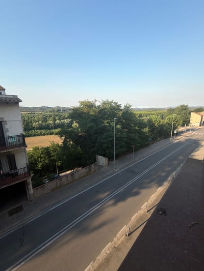 The image depicts a street scene in Hostalric, Spain, viewed from an elevated perspective. In the foreground, a dark railing and part of a building facade are visible on the right and left respectively. A paved road with double white lines runs diagonally through the middle ground, flanked by a sidewalk. Streetlights and traffic signs are present along the sidewalk. Beyond the road, a wall separates the sidewalk from a tree-lined area and a field. In the background, a dense forest stretches towards rolling hills under a clear blue sky. The overall impression is a quiet, suburban or semi-rural street bathed in daylight.