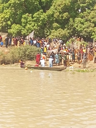 The image depicts a crowded scene on the muddy bank of a wide, brownish river in Kokani North, Nigeria, under daylight conditions. Approximately 100-150 individuals, predominantly men, are gathered along the riverbank and on the adjacent higher ground, beneath a dense canopy of green trees. Many individuals in the crowd are dressed in traditional Nigerian attire, including robes and head coverings, with a variety of colors observed.

In the foreground, a long, dark wooden canoe is positioned in the river near the bank. Three individuals are visible within this canoe; one person in a white robe stands towards the front, another in a white top and dark trousers is seated, and a third in a dark top is also present. To the left of the main canoe, another person, possibly in a smaller craft or standing in shallow water, is visible, wearing a dark top and red trousers. Two bright yellow spherical buoys float in the muddy water near the canoe, along with scattered green aquatic vegetation.

On the riverbank, numerous people are observed holding and deploying large fishing nets. One large net is prominently displayed, partially submerged and partially on the bank, with multiple individuals tending to it. Other nets or cloth structures are visible within the crowd. Several makeshift tent-like structures, constructed from light-colored fabric, are also visible among the gathering on the bank. The bank itself consists of exposed soil and sparse green shrubs, leading up to the dense foliage of trees that forms the background. The interaction among the people appears centered around the collective activity of fishing.