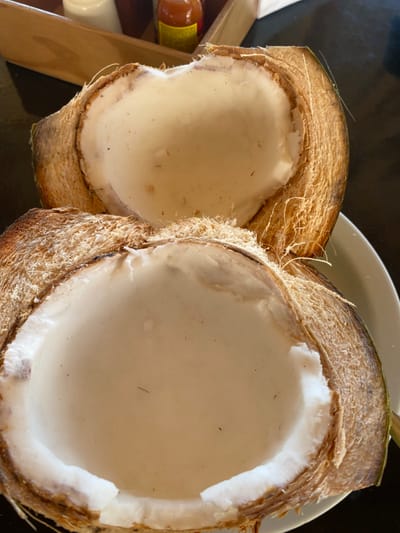 Two halves of a freshly cracked coconut sit on a dark surface, likely a table. The coconut meat appears white and moist, filling the cavities of the shells. The rough, fibrous husk surrounds each half, displaying varying shades of brown. A glimpse of a white plate can be seen partially obscuring the background and a hint of condiments placed on the left.