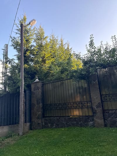 The image depicts a residential fence in Yukki, Russia, on a clear day. The fence is constructed with dark metal panels and decorative wrought iron accents, supported by stone pillars. Behind the fence, a line of evergreen trees and deciduous trees are visible, some of which are illuminated by sunlight. A street light is mounted on a utility pole to the left of the fence, with power lines extending overhead. The foreground shows a well-maintained green lawn. There are no people or animals present in the scene.