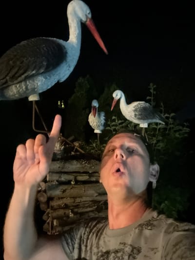 This is a vertical, outdoor, nighttime photograph taken in Agronom, Russia. The main subject is a person, whose face is close to the camera and appears surprised or making a funny face, with their mouth open. They are wearing a camouflage-patterned shirt. To the left of the person, there are three decorative stork figures. One large stork is prominently in the foreground, facing left, with its beak extended. Two smaller stork figures are positioned behind it, one further back and slightly to the right, and another even further back and to the left. The background consists of dark foliage and a wooden structure made of logs. A hand is visible in the foreground, pointing towards the large stork. The lighting suggests an artificial light source is illuminating the scene, possibly from the camera flash or nearby.