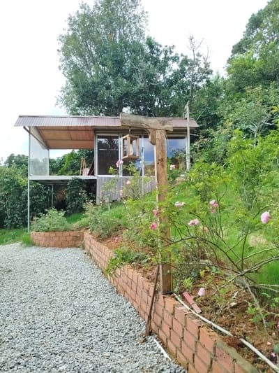 The image depicts a modern, multi-level house with a contemporary design, nestled amongst lush green foliage on a hillside. The house features a prominent wooden roof with metal corrugated sheeting and large glass windows that reflect the surrounding trees and sky. The exterior walls appear to be a combination of wood and glass, with one section of the house appearing to be elevated on stilts. A gravel driveway leads up to the house, bordered by a low, brick retaining wall. Pink roses bloom in the foreground, adding a touch of color to the scene. The overall setting suggests a serene, rural or semi-rural environment, possibly a resort or private residence, given the architecture and natural surroundings. The image does not contain any people or specific identifiable landmarks that would indicate its precise location within Trường An, Vietnam.
