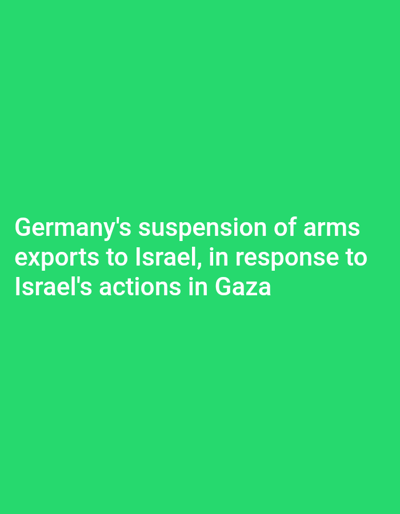 The image displays a digital graphic with white sans-serif text against a solid green background. The text, centrally located, reads: "Germany's suspension of arms exports to Israel, in response to Israel's actions in Gaza". The image does not depict any physical scene, location, including Venecia, Costa Rica, nor does it contain any visual representation of people, subjects, objects, actions, interactions, or the environment.
