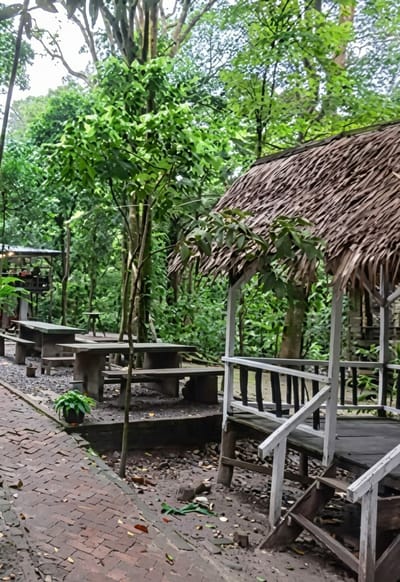 The image depicts an outdoor seating area within a lush, green forest environment, likely located in Dolat Rayat, Indonesia. In the foreground, a brick pathway curves towards the left. To the right, a white gazebo with a thatched roof is elevated on wooden stilts, featuring a railing with vertical black bars. A wooden staircase leads up to the gazebo's platform. Beyond the gazebo, several stone picnic tables with attached benches are arranged on a gravel ground. In the background, dense tropical foliage and trees create a verdant canopy. A smaller, open-air structure with a metal roof is visible in the far left background, with figures seated at tables within it. The scene is naturally lit by daylight, with dappled sunlight filtering through the trees. There are no prominent actions or interactions visible between people in the image.