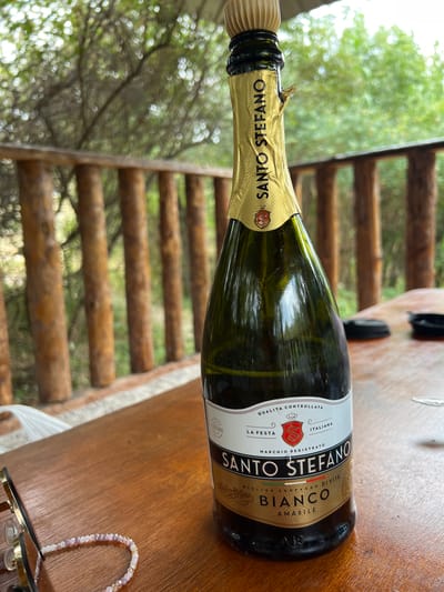 This is a close-up, slightly rotated shot of a bottle of Santo Stefano Bianco Amabile wine resting on a rustic wooden table. The bottle is green glass and mostly covered by a shiny gold foil capsule, which is partially peeling away at the top. The label is white with gold accents and prominently displays the brand name "SANTO STEFANO" in large black letters, along with "BIANCO AMABILE". Other text on the label includes "QUALITA CONTROLLATA", "LA FESTA", "ITALIANA", and "MARCHIO REGISTRATO". The setting appears to be outdoors, with a blurry background of green foliage and a wooden structure, possibly a deck or a balcony with wooden railings, suggesting a natural or casual environment. The lighting suggests it could be daytime, perhaps late afternoon given the soft light. There are no people visible. The overall impression is one of relaxed enjoyment in an outdoor setting. A beaded bracelet and a pair of sunglasses are also visible on the table, near the bottle.