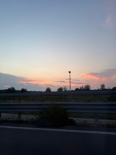 The image depicts a twilight scene from a moving vehicle, likely on a highway, looking towards a landscape at the city limits of Somma Lombardo, Italy. The sky is a gradient of soft blues and pastel pinks, with scattered clouds catching the last light of the day. A solitary streetlamp stands tall in the middle ground, silhouetted against the colorful sky. Below the sky, a line of trees forms a dark horizon, behind which lies a dense forested area. A metal guardrail runs horizontally across the foreground, indicating the perspective from a road. The immediate foreground shows a dark road surface. The overall impression is one of peaceful transition from day to night, with a sense of open space characteristic of the outskirts of a town.