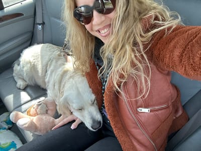 An image taken from a first-person perspective depicts a woman and a dog inside the rear passenger compartment of a vehicle. The precise location within Brentwood, United Kingdom, is not discernible from the image.

The woman, partially visible on the right, has long, wavy blonde hair and is wearing large, dark-framed sunglasses, reflective of an outdoor environment. Her mouth is open in a smile, revealing teeth. She wears a reddish-brown jacket, appearing to be faux fur or sherpa with faux leather accents, including a zippered pocket on the front. A beaded necklace, possibly blue and purple, is visible around her neck. Her left hand, with light pink nail polish, rests near the dog.

To the left of the woman, a light-colored dog, consistent with a Golden Retriever or Labrador Retriever, lies on the grey leather car seat, resting its head on the woman's lap or leg area. The dog's eyes are closed, indicating it is asleep or resting. It wears a harness with a leash attachment.

On the car seat next to the dog's head, a light brown teddy bear is partially visible. Further to the left on the seat, a multi-colored (blue, green, white) patterned blanket or towel is present. The car interior features grey leather seats and a visible seatbelt buckle.