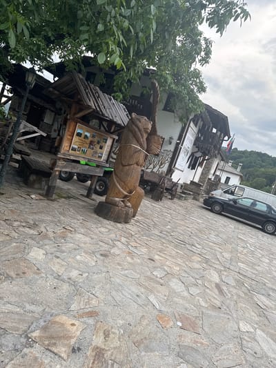 The image depicts an outdoor scene in Delchevo, Bulgaria, on an overcast day. The foreground is dominated by a stone-paved path made of irregular, flat stones in shades of gray and beige. To the left, a large wooden sculpture, resembling a human figure or a mythical creature, is prominently displayed. It is secured with ropes and rests on wooden bases.
Behind the sculpture, a rustic wooden structure with a dark, weathered roof is visible. This building appears to be part of a local establishment, possibly a shop or a museum, as a display board with photographs and text is mounted on its side. Further back, a white building with a dark-tiled roof and several flags flying is present, indicating a public or official space. A dark-colored van is parked on the stone path next to the white building.
The scene is framed by lush green trees on the left, their leaves suggesting a warm season. The overall atmosphere is that of a traditional village or historical site, with handcrafted elements and a sense of history. The sky is cloudy, casting a diffused light over the scene. There is no discernible activity or event taking place; it appears to be a static view of the location. The text on the display board is not legible at this resolution.