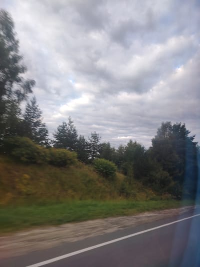 A slightly blurred, landscape-oriented photograph captures a roadside view from inside a vehicle, looking towards a wooded incline under a cloudy sky. The foreground features a gray asphalt road with a distinct white line marking its edge, running diagonally from the bottom left to the upper right of the frame. To the left of the road, a grassy embankment is visible, transitioning into a dense line of dark green trees and bushes that form the base of a gentle hill. The hill itself is covered in vegetation that appears to be a mix of green grass and some autumnal yellows and browns, suggesting a season other than full summer. The trees, a mix of coniferous and deciduous types, are densely packed and extend upwards towards the sky. The sky is filled with heavy, gray clouds, with a few lighter patches and hints of blue visible, indicating an overcast or partly cloudy day. The overall impression is of a rural or semi-rural setting, possibly along a highway or main road in the vicinity of Kabanovo, Russia, with natural vegetation dominating the scene. No people are visible.